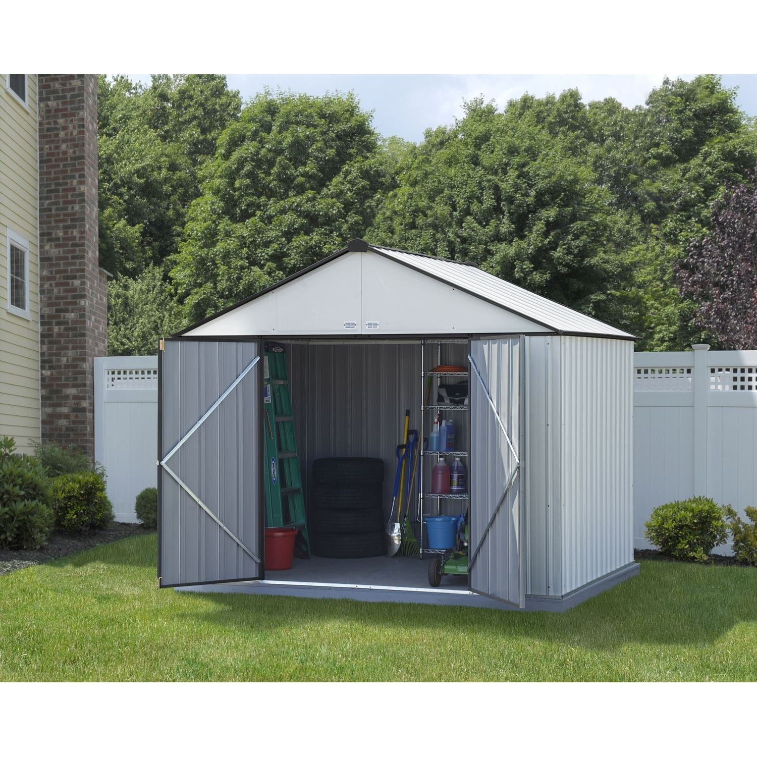 Arrow | EZEE Shed Steel Storage 10x8 ft. Galvanized Extra High Gable Cream with Charcoal Trim EZ10872HVCRCC