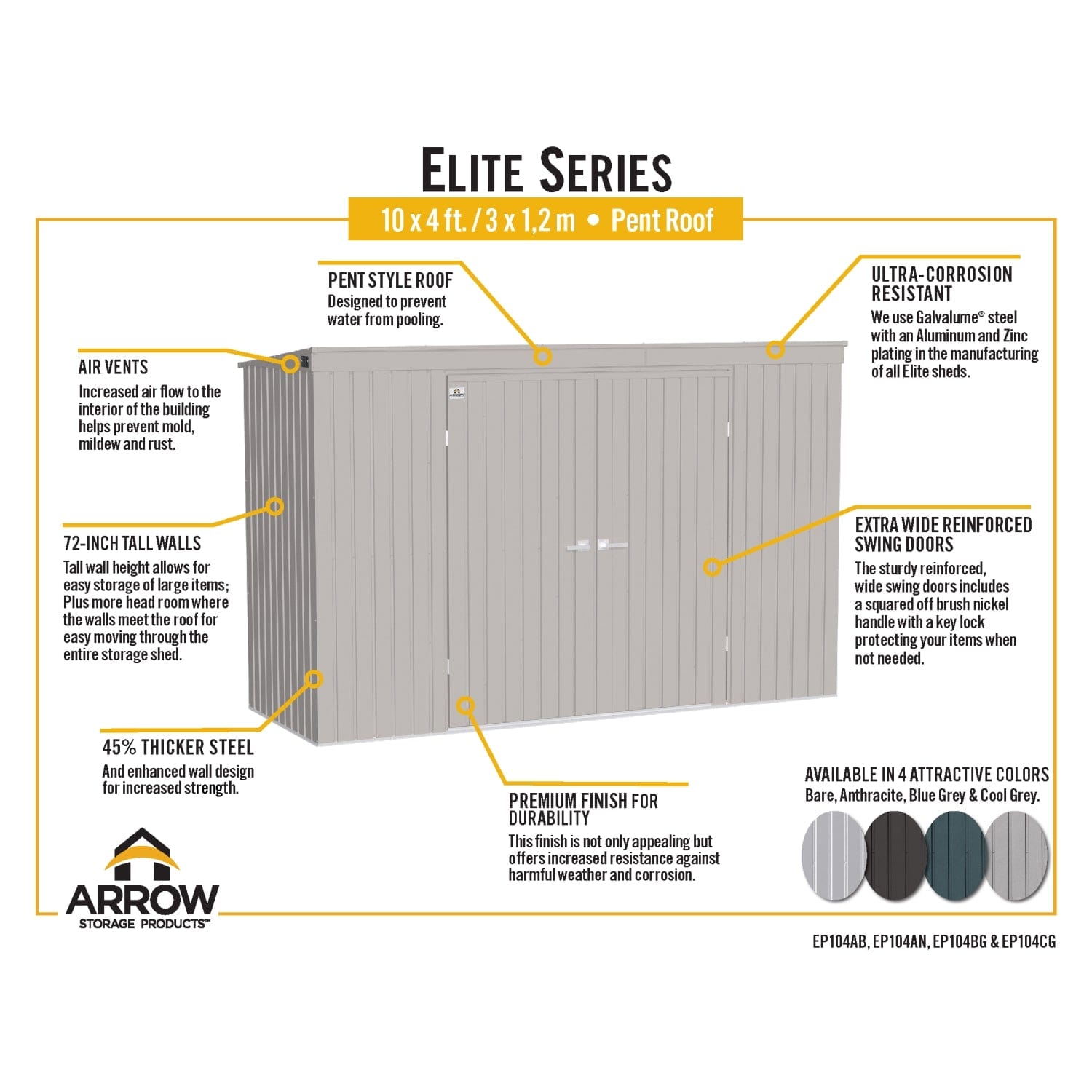 Arrow | Elite Steel Storage Shed, 10x4, ft. Blue Grey EP104BG