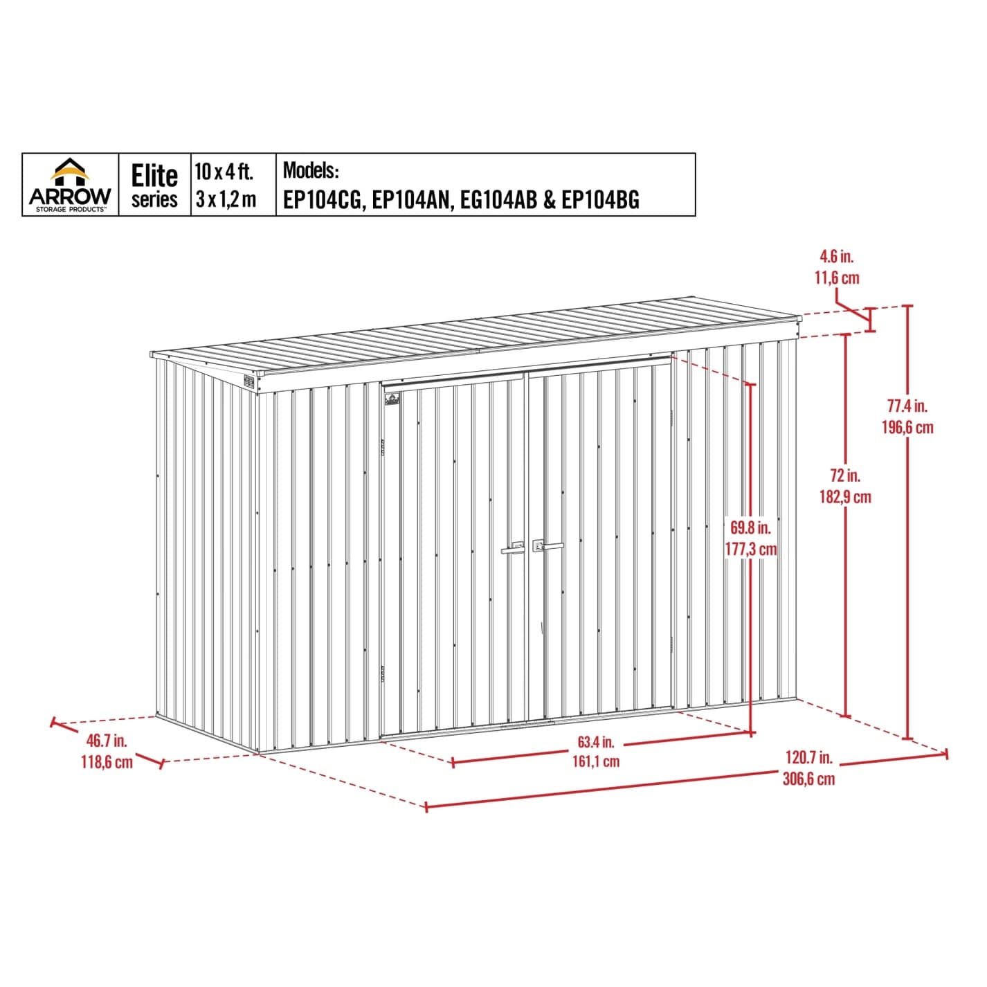 Arrow | Elite Steel Storage Shed, 10x4 ft. Silver