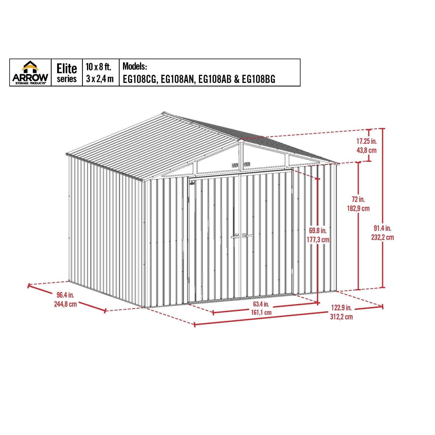 Arrow | Elite Steel Storage Shed, 10x8 ft. Silver EG108AB