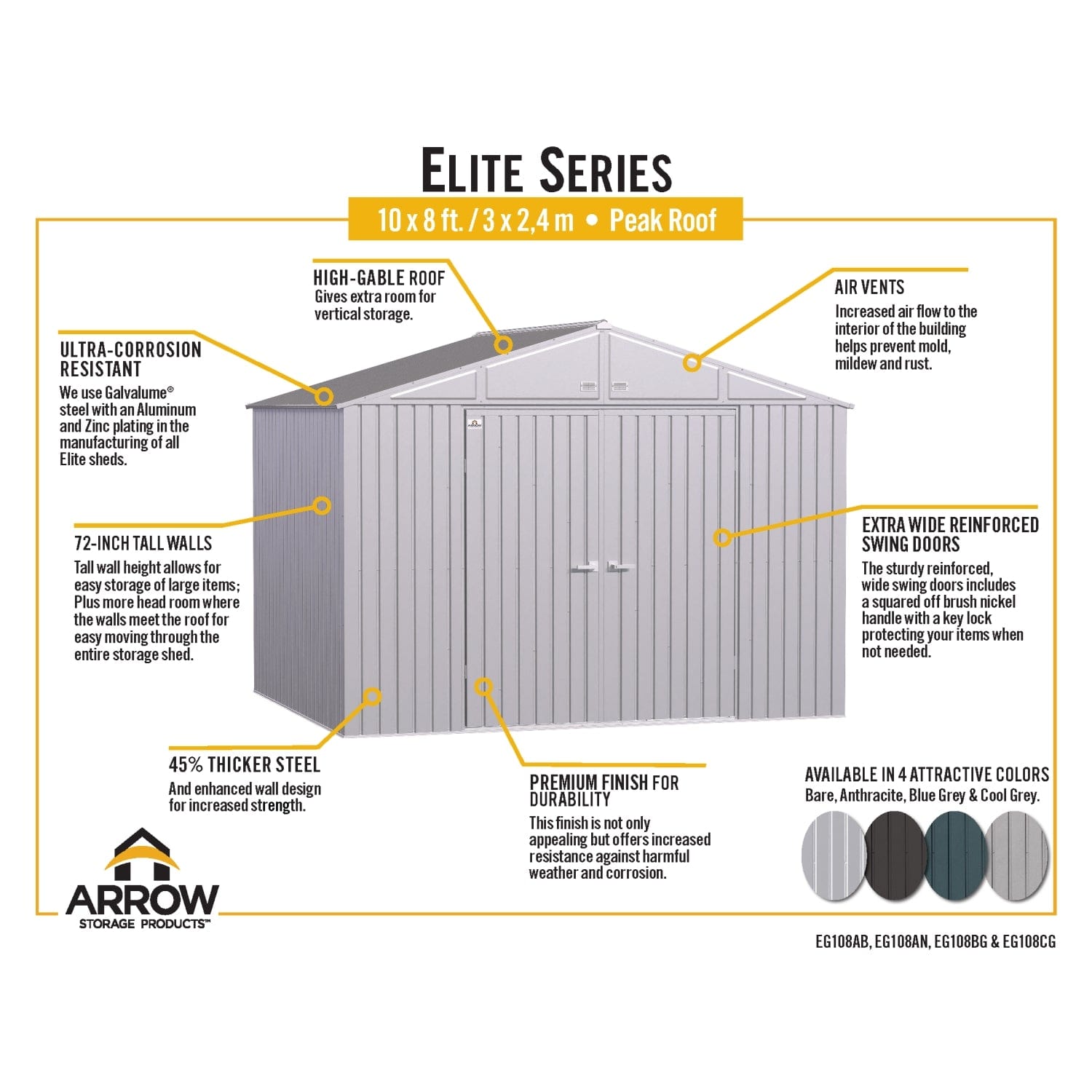 Arrow | Elite Steel Storage Shed, 10x8 ft. Silver EG108AB