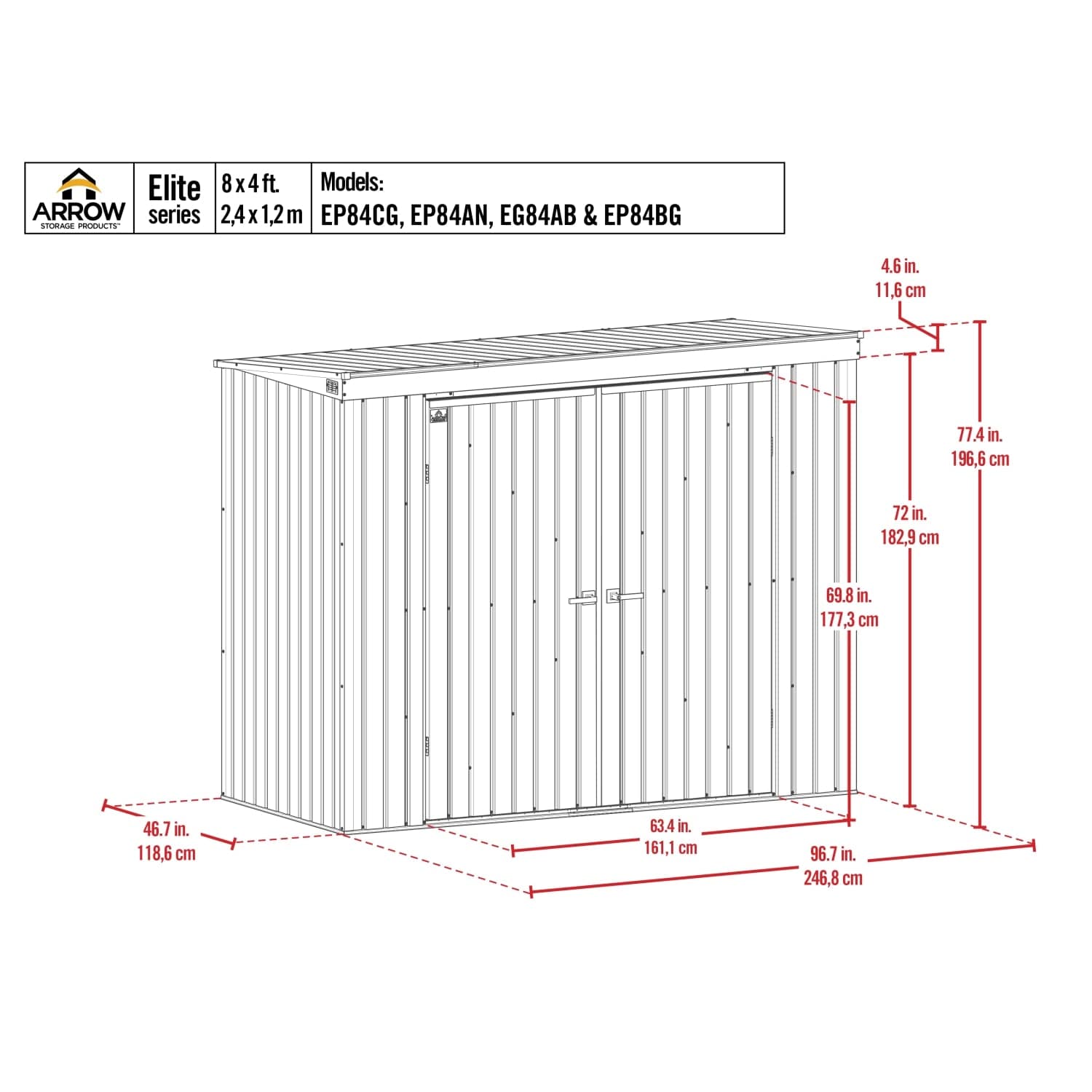 Arrow | Elite Steel Storage Shed, 8x4, ft. Cool Grey EP84CG