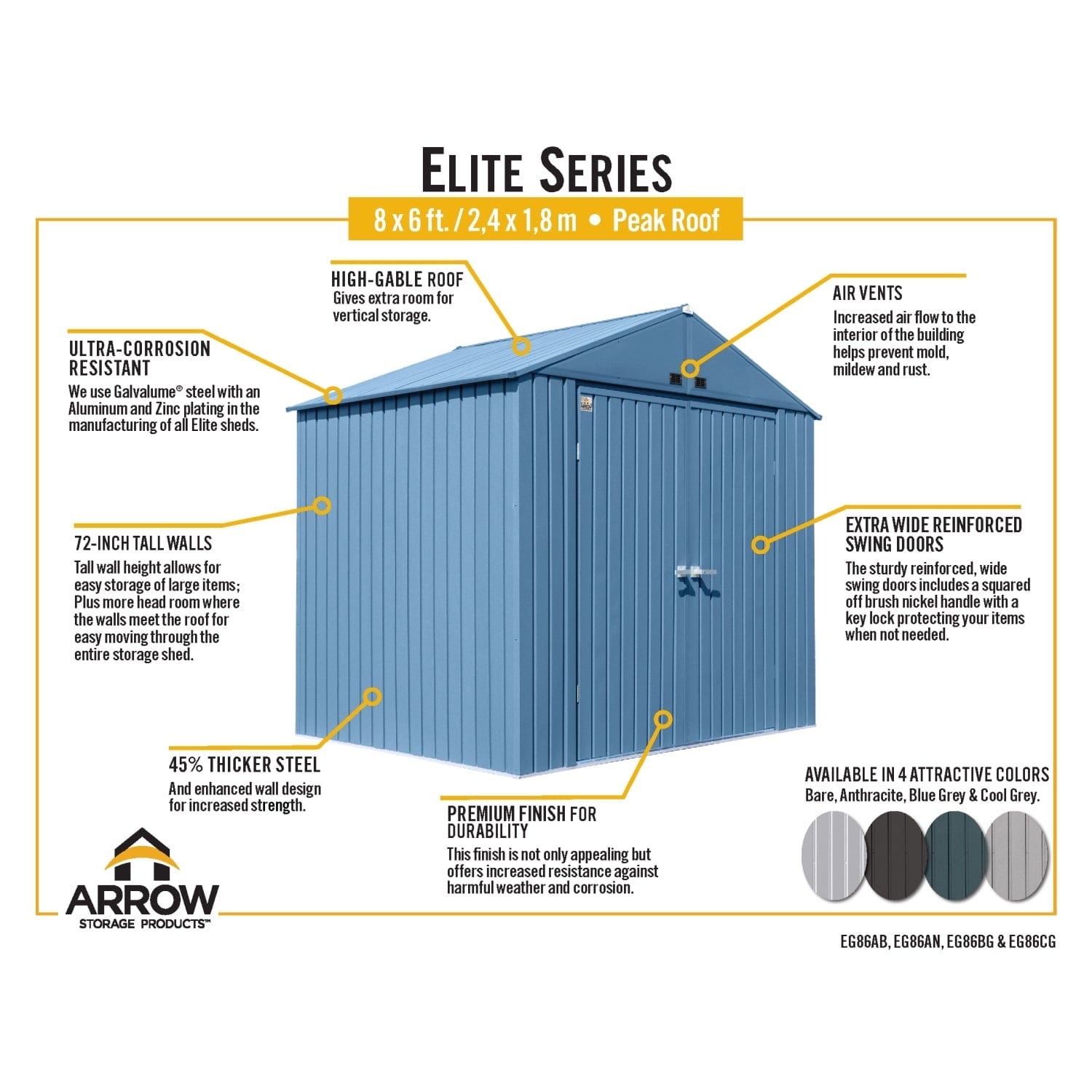 Arrow | Elite Steel Storage Shed, 8x6 ft. Silver EG86AB