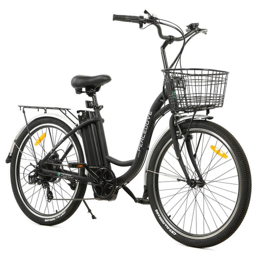 Ecotric 26inch Black Peacedove electric city bike with basket and rear rack - NS-PEA26LED-MB