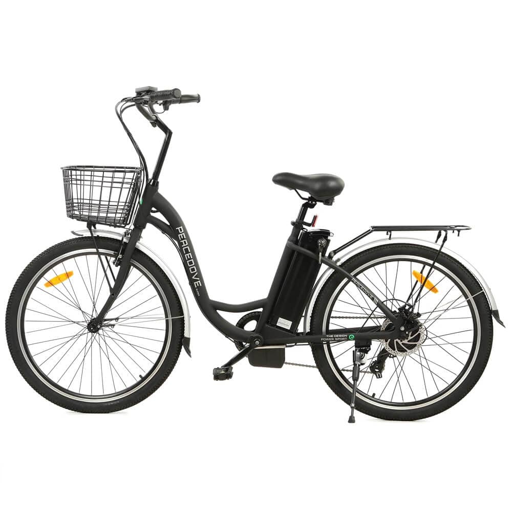 Ecotric 26inch Black Peacedove electric city bike with basket and rear rack - NS-PEA26LED-MB