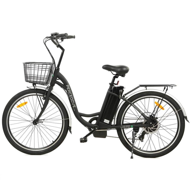 Ecotric 26inch Black Peacedove electric city bike with basket and rear rack - NS-PEA26LED-MB