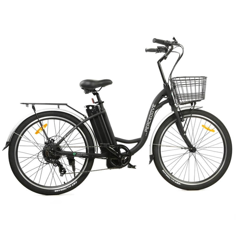 Ecotric 26inch Black Peacedove electric city bike with basket and rear rack - NS-PEA26LED-MB