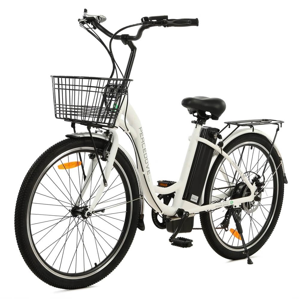 Ecotric 26inch Black Peacedove electric city bike with basket and rear rack - NS-PEA26LED-MB