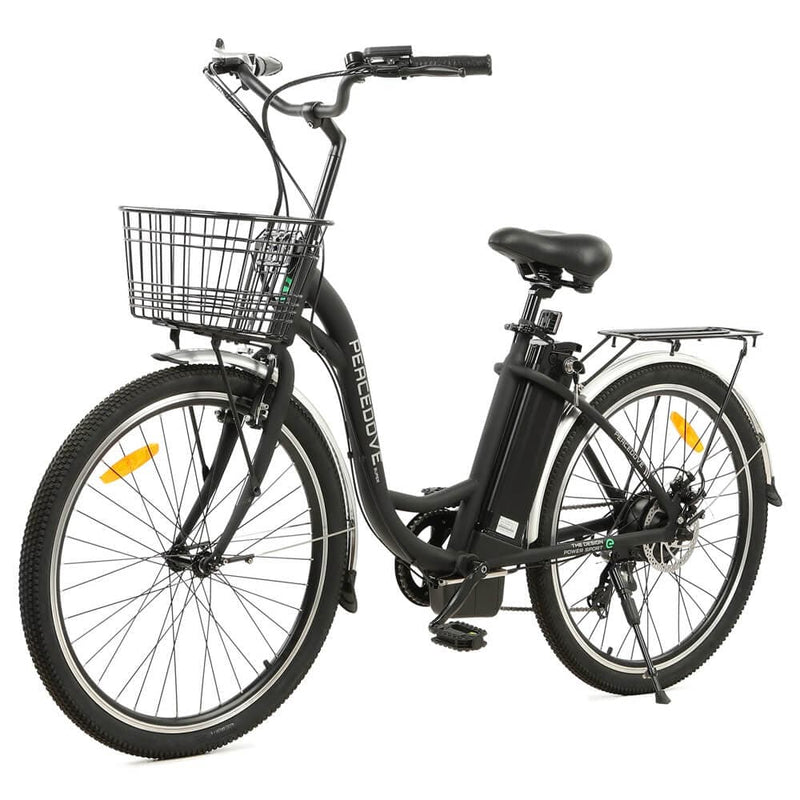 Ecotric 26inch Black Peacedove electric city bike with basket and rear rack - NS-PEA26LED-MB