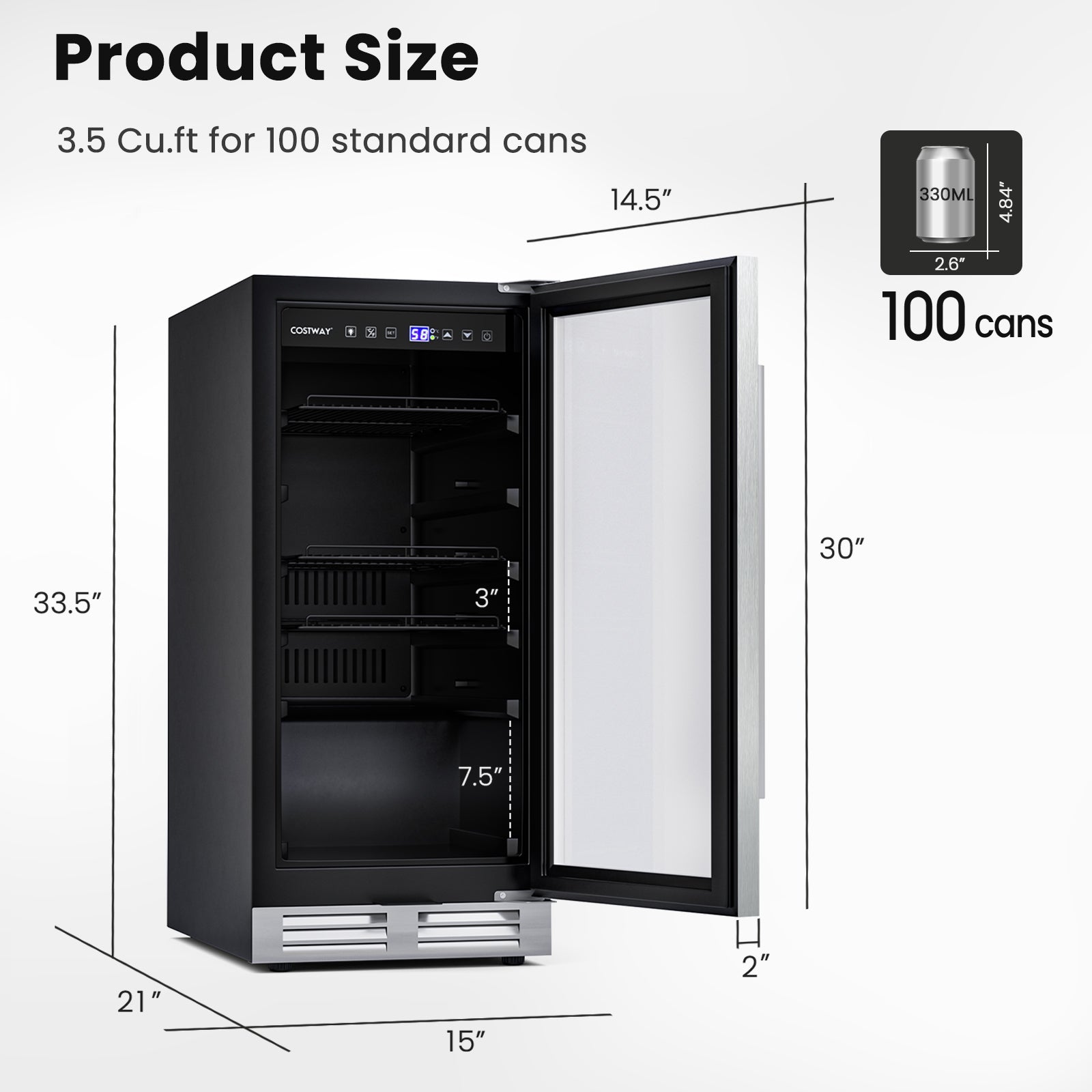 Costway Beverage Refrigerator 15" 100 Can Built-in/Freestanding with Adjustable Temp and Shelf New - FP10126US-SL