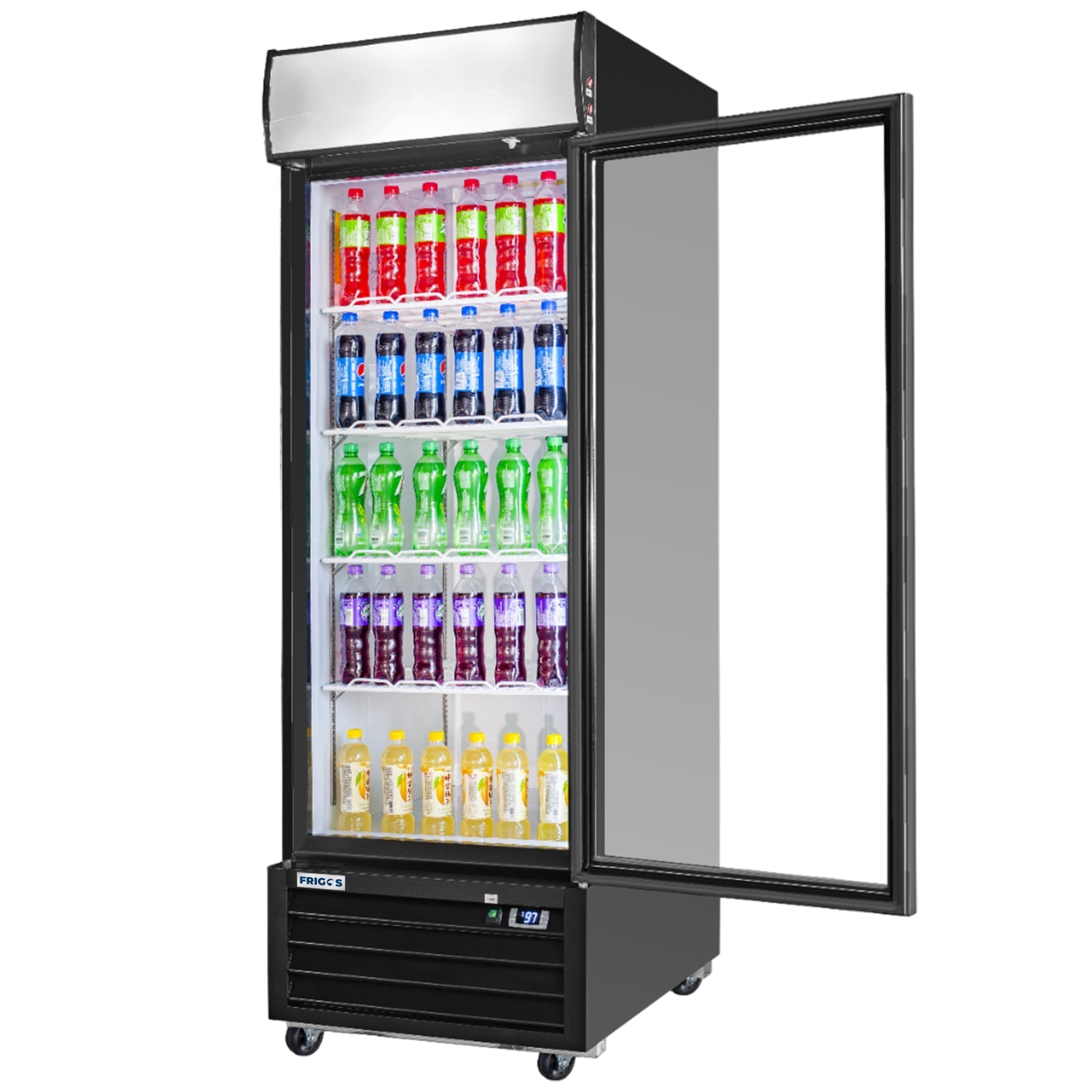 Frigos 27" Merchandiser Refrigerator, Black Swing Glass Door, LED Lighting, Aluminum Interior – FG-MR-1D-G