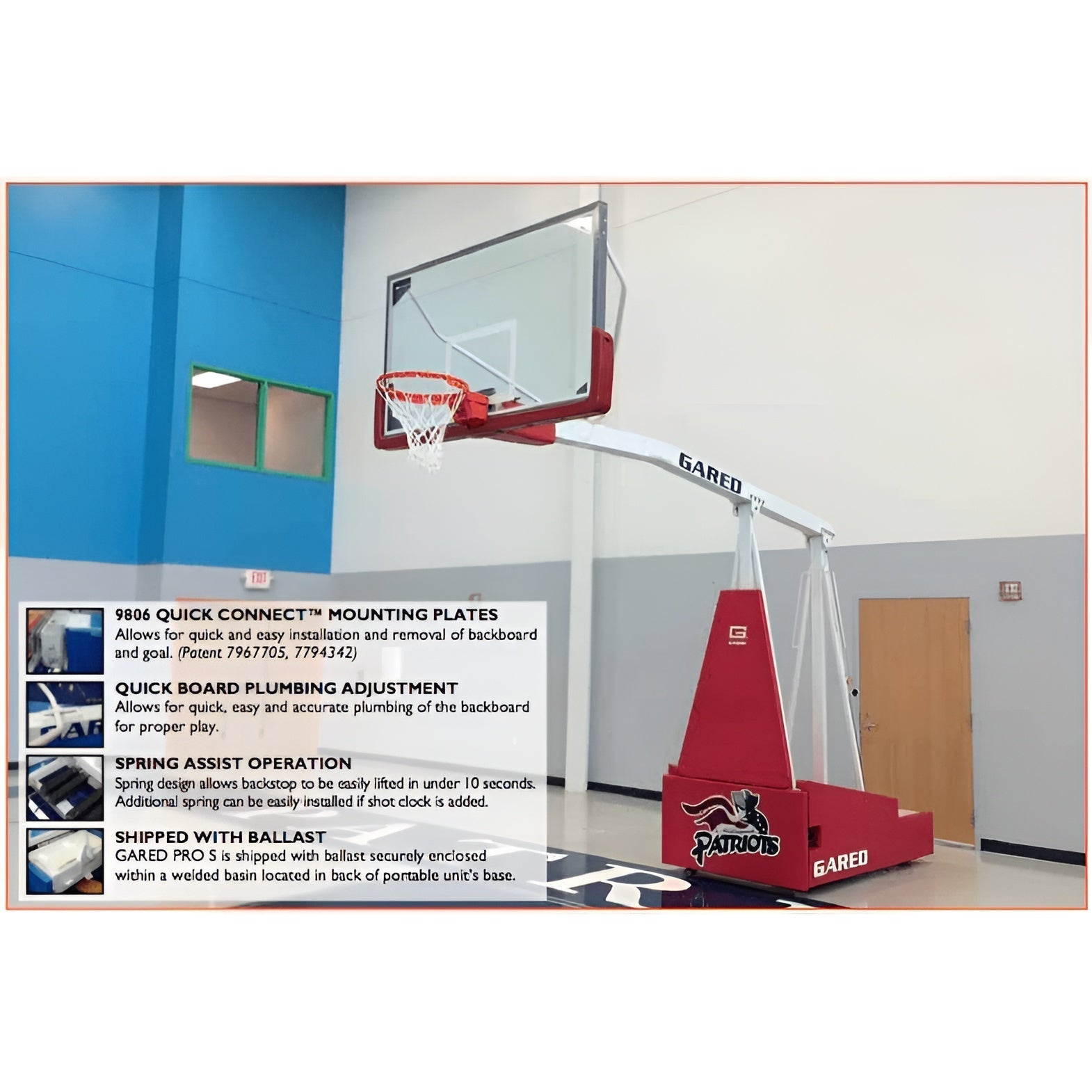 Gared Sports Hoopmaster 8 Spring-Lift Collegiate/High School Indoor Portable Basketball Hoop - 9408
