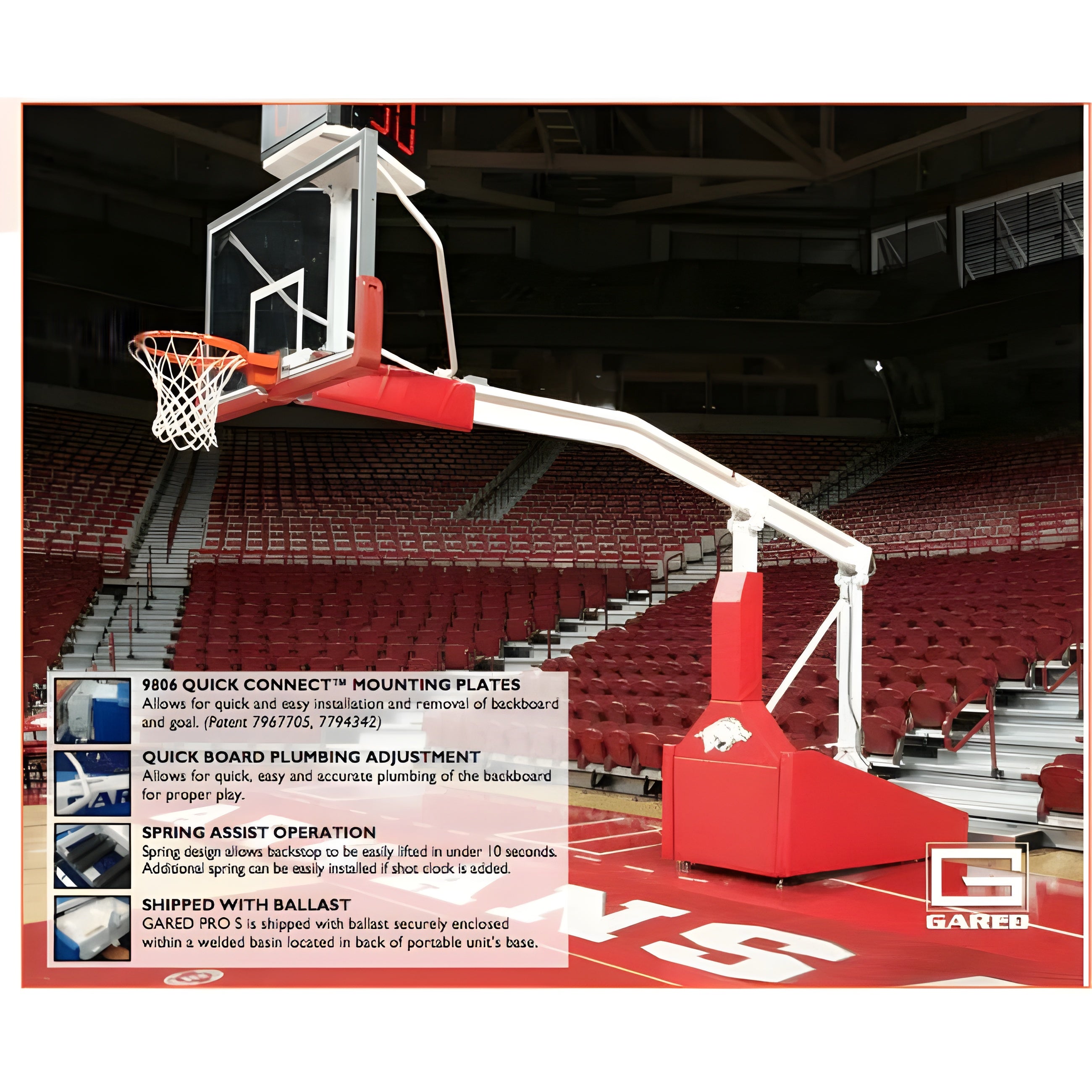 Gared Sports Pro S Spring-Lift Portable Basketball Hoop w/ 8' Boom - 9616