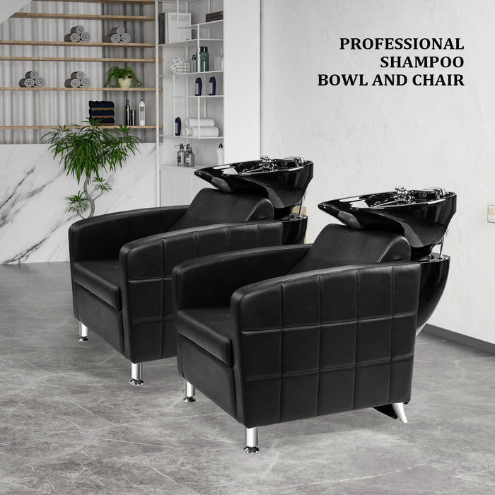 OmySalon BU1401 Salon Shampoo Bowl and Chair Backwash Unit with Extra Wide Seat & Porcelain Hair Washing Sink - G59000546+G59000547+G59000548