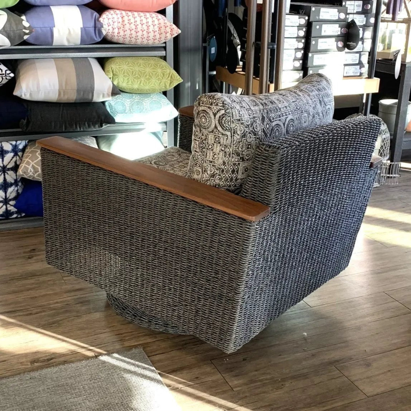 Jensen Outdoor Swivel Lounge Chair in Gray Weave with Bodhi Char Fabric - 12038901