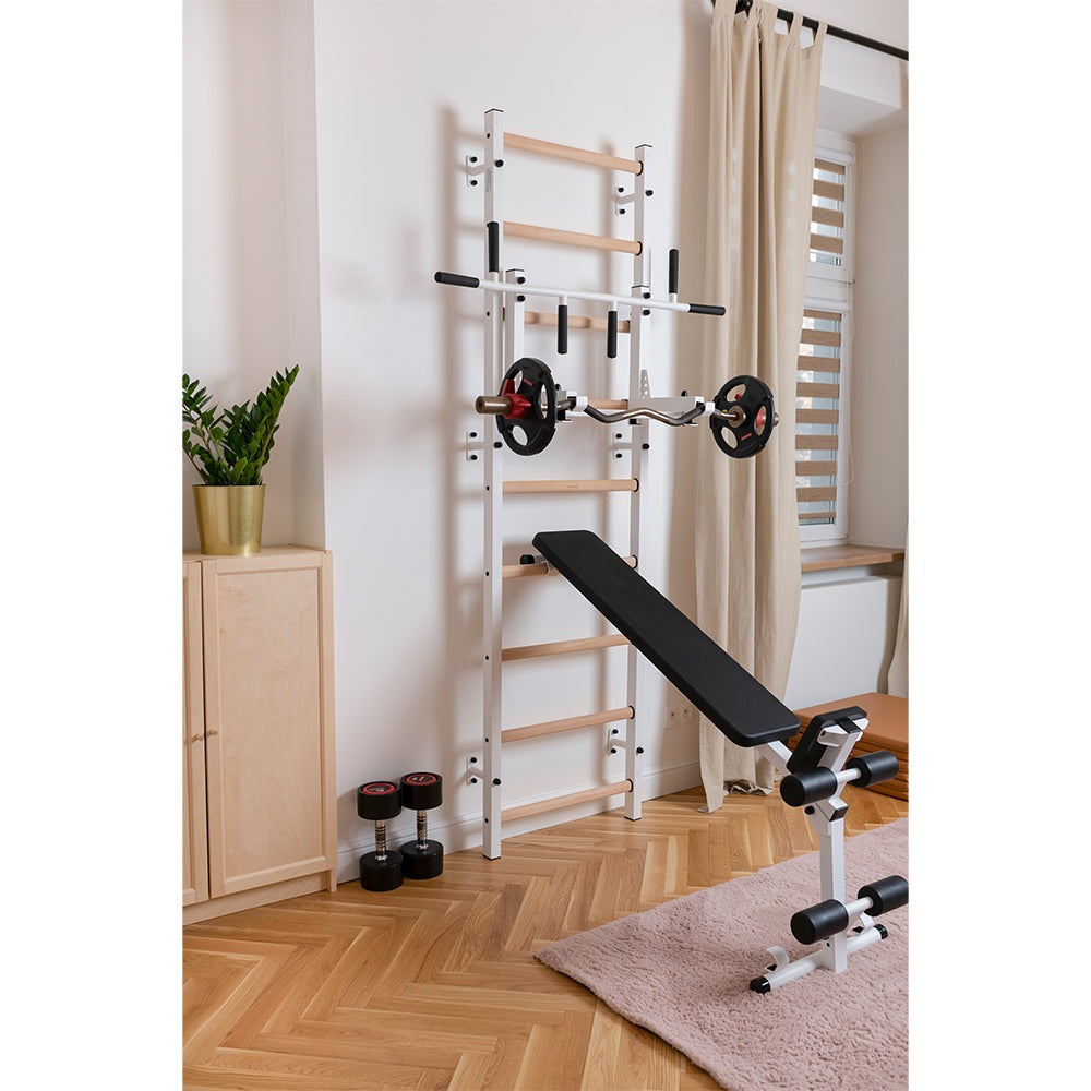 BenchK Swedish Ladder w/ Bench & Rack - White