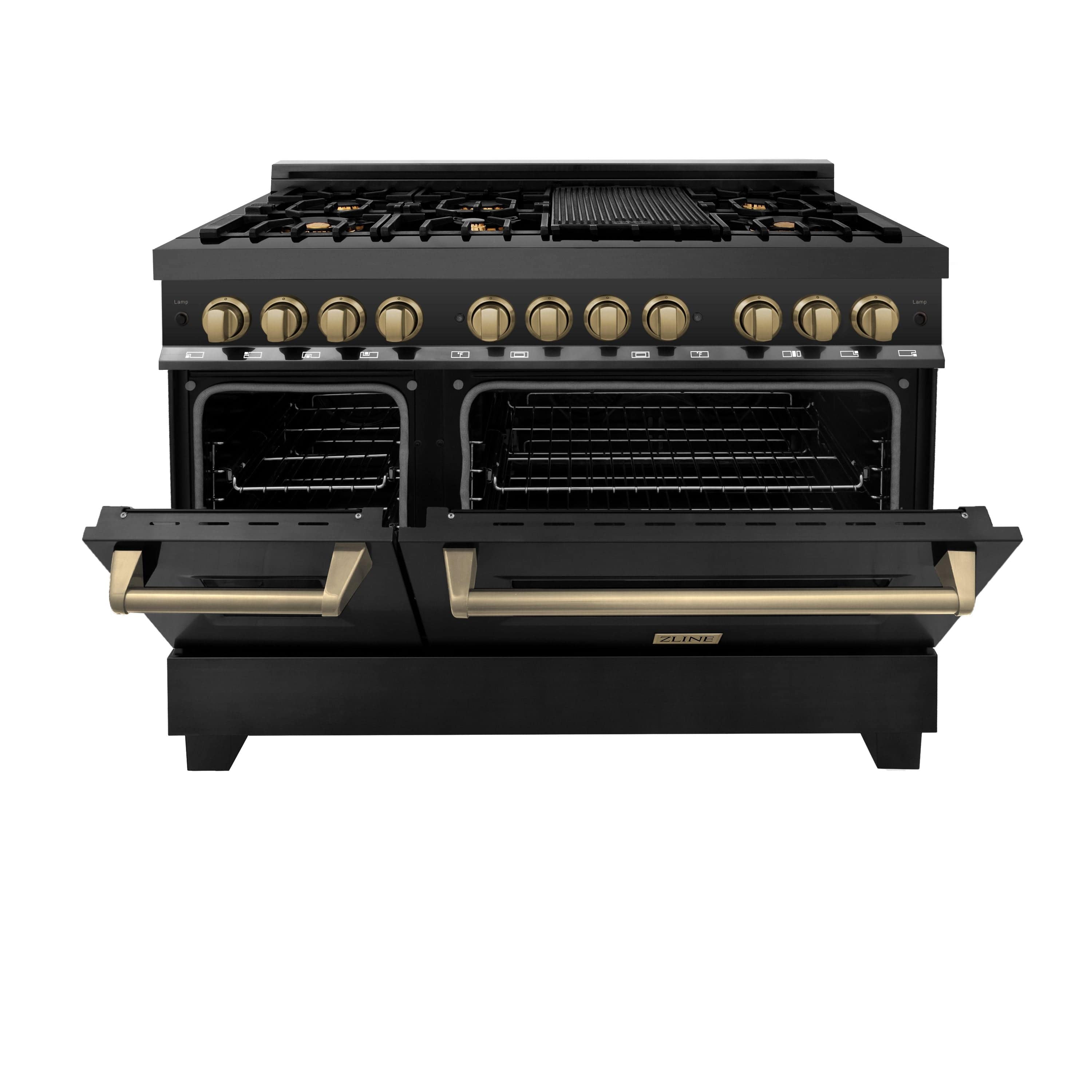 ZLINE Autograph 48 in. Gas Burner/Electric Oven Range in Black Stainless Steel and Champagne Bronze Accents, RABZ-48-CB