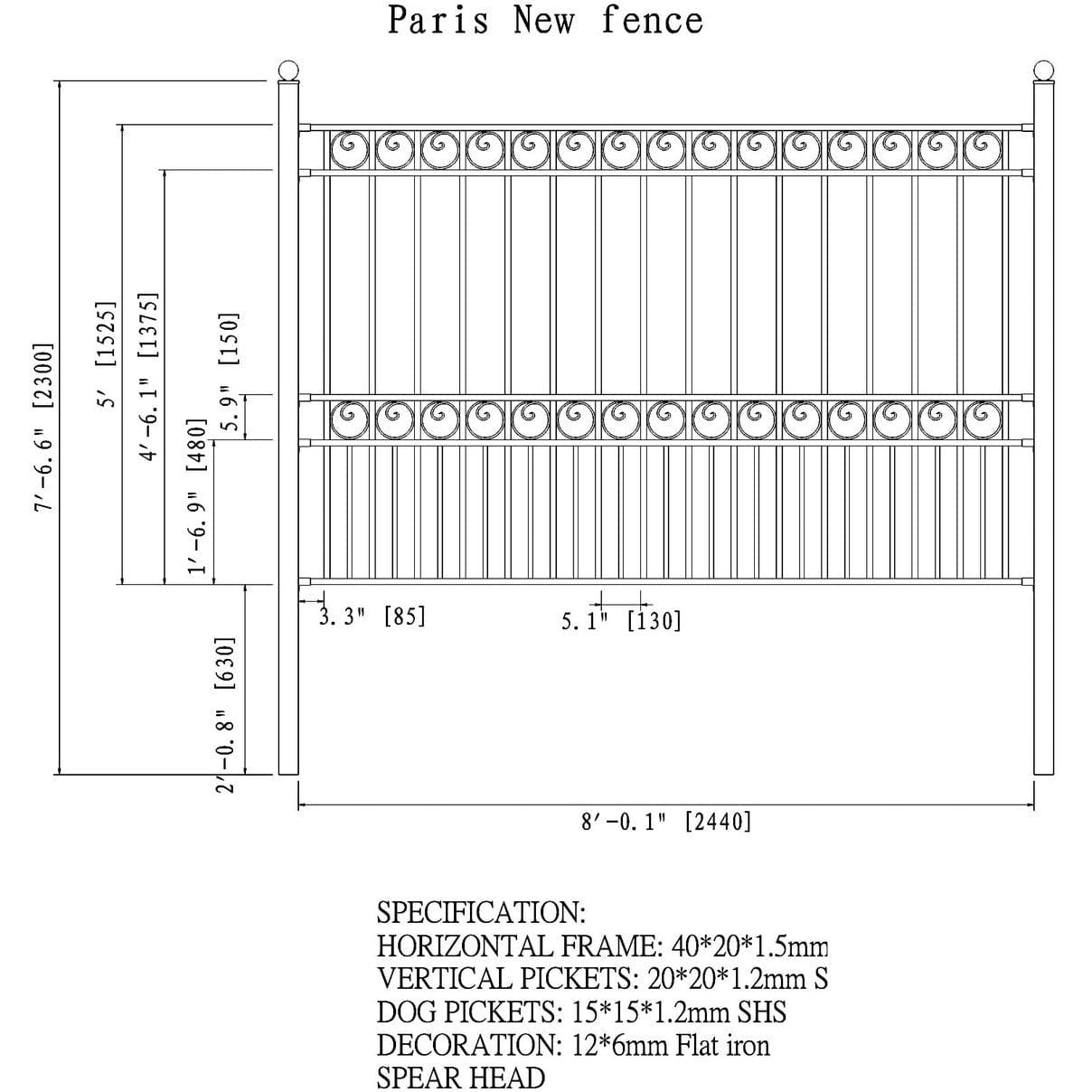 Aleko Steel Fence Paris Style 8 x 5 Ft - FENCEPAR-AP