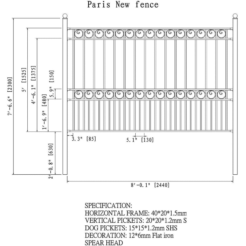 Aleko Steel Fence Paris Style 8 x 5 Ft - FENCEPAR-AP