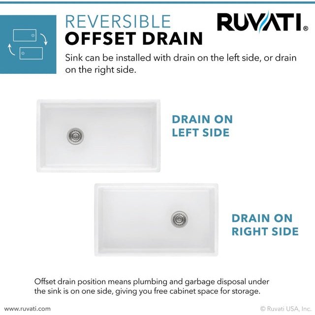 Ruvati Fiamma 30-inch Fireclay Farmhouse Offset Drain Kitchen Sink Single Bowl White – Left Drain - RVL2018WL