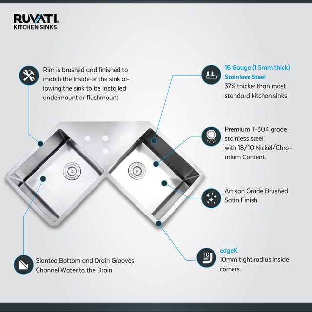 Ruvati Gravena 44″ Double Bowl Corner Butterfly Undermount Kitchen Sink 16 Gauge - RVH8400