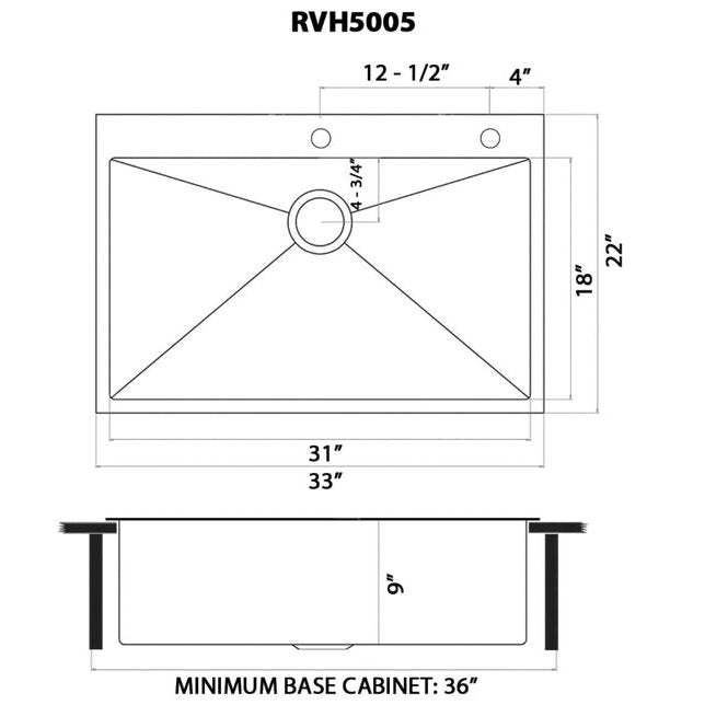 Ruvati Terraza 33 x 22 inch Gunmetal Black Stainless Steel Drop-in Topmount Kitchen Sink 16 Gauge Single Bowl - RVH5005BL