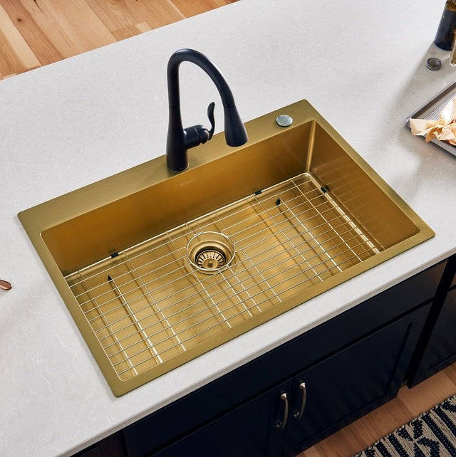 Ruvati Terraza 33 x 22 inch Satin Brass Matte Gold Stainless Steel Drop-in Topmount Kitchen Sink Single Bowl - RVH5005GG