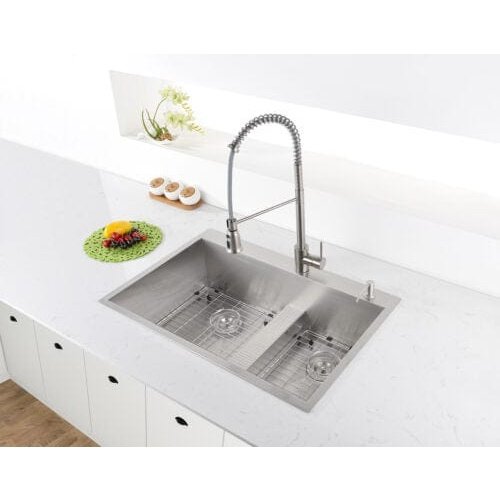 Ruvati Tirana 33" Drop-In Low Platform-Divide Zero Radius 60/40 Double Bowl 16 Gauge Topmount Kitchen Sink - RVH8059