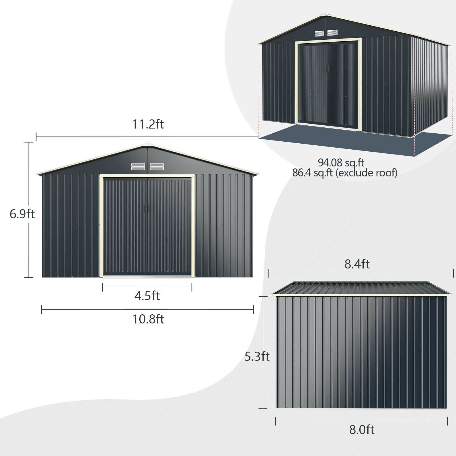 Costway Metal Storage Shed 11' x 8' with Sliding Double Lockable Doors New - GT3733GR+