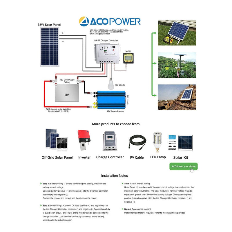 ACOPWER 35 Watts Poly Solar Panel, 12V - acopower