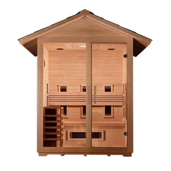 Golden Designs "Carinthia" 3 Person Hybrid (PureTech™ Full Spectrum IR or Traditional Stove) Outdoor Sauna - Canadian Hemlock - GDI-8123-01