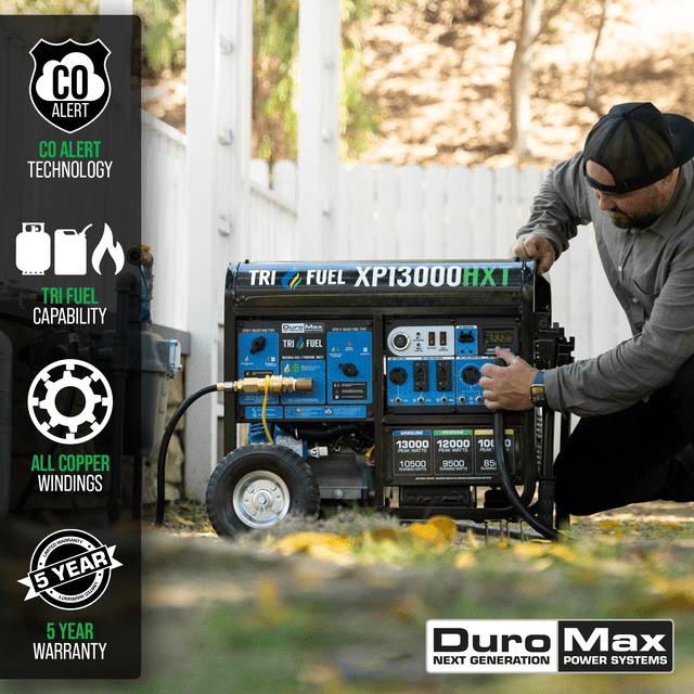 DuroMax 13,000 Watt Electric Start Tri-Fuel Portable Generator w/ CO Alert - XP13000HXT