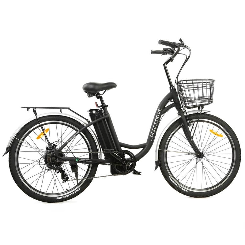 Ecotric 26inch Black Peacedove electric city bike with basket and rear rack - NS-PEA26LED-MB - ePower Go
