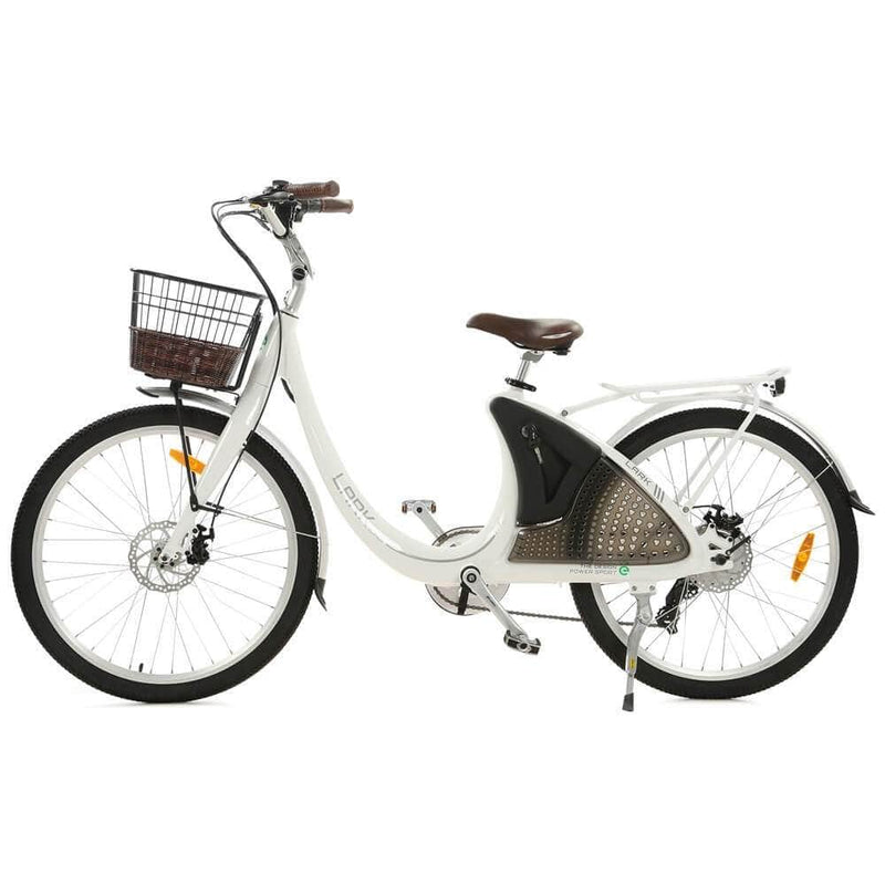 Ecotric 26inch White Lark Electric City Bike For Women with basket and rear rack - NS-LAK26LCD-W+Front basket - ePower Go
