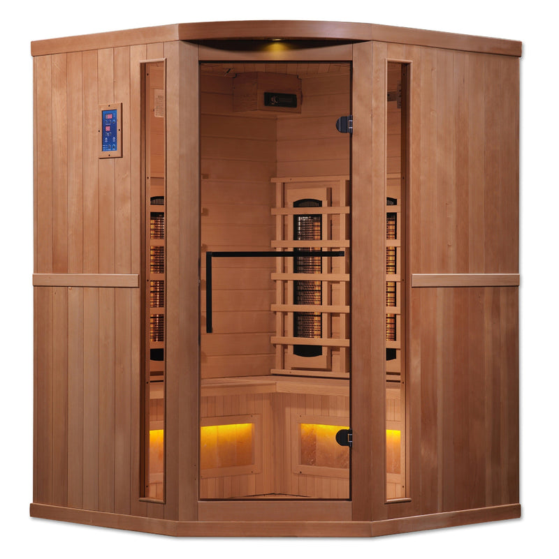 Golden Designs 3-Person Corner Full Spectrum PureTech™ Near Zero EMF Infrared Sauna with Himalayan Salt Bar - Backyard Provider