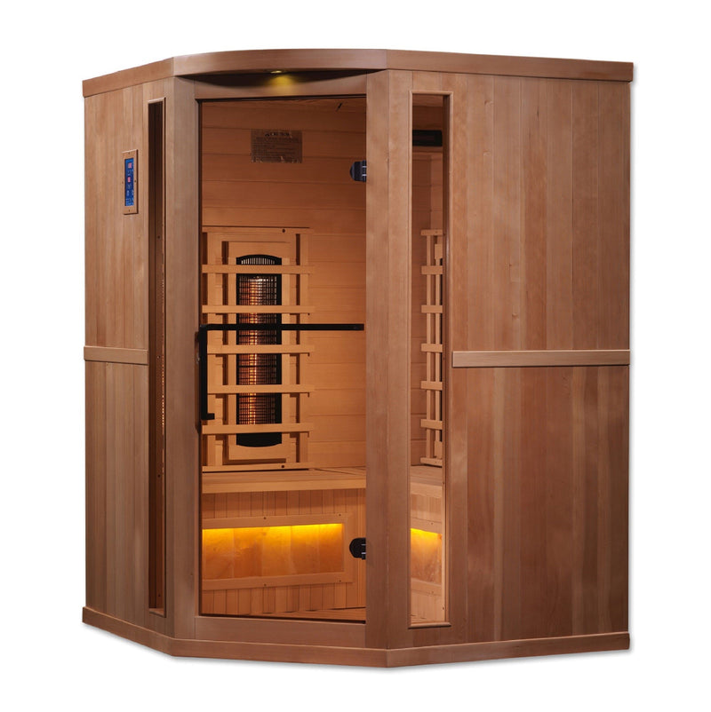 Golden Designs 3-Person Corner Full Spectrum PureTech™ Near Zero EMF Infrared Sauna with Himalayan Salt Bar - Backyard Provider