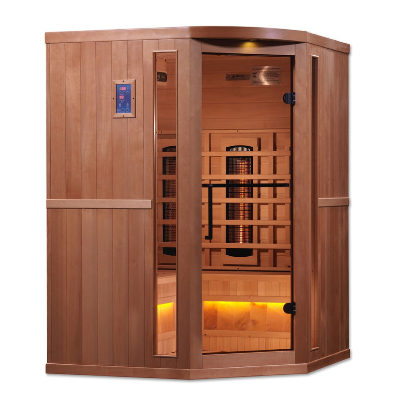 Golden Designs 3-Person Corner Full Spectrum PureTech™ Near Zero EMF Infrared Sauna with Himalayan Salt Bar - Backyard Provider