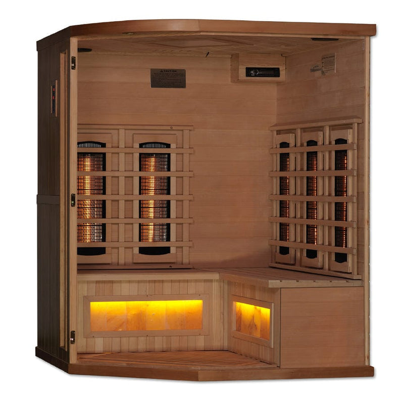 Golden Designs 3-Person Corner Full Spectrum PureTech™ Near Zero EMF Infrared Sauna with Himalayan Salt Bar - Backyard Provider