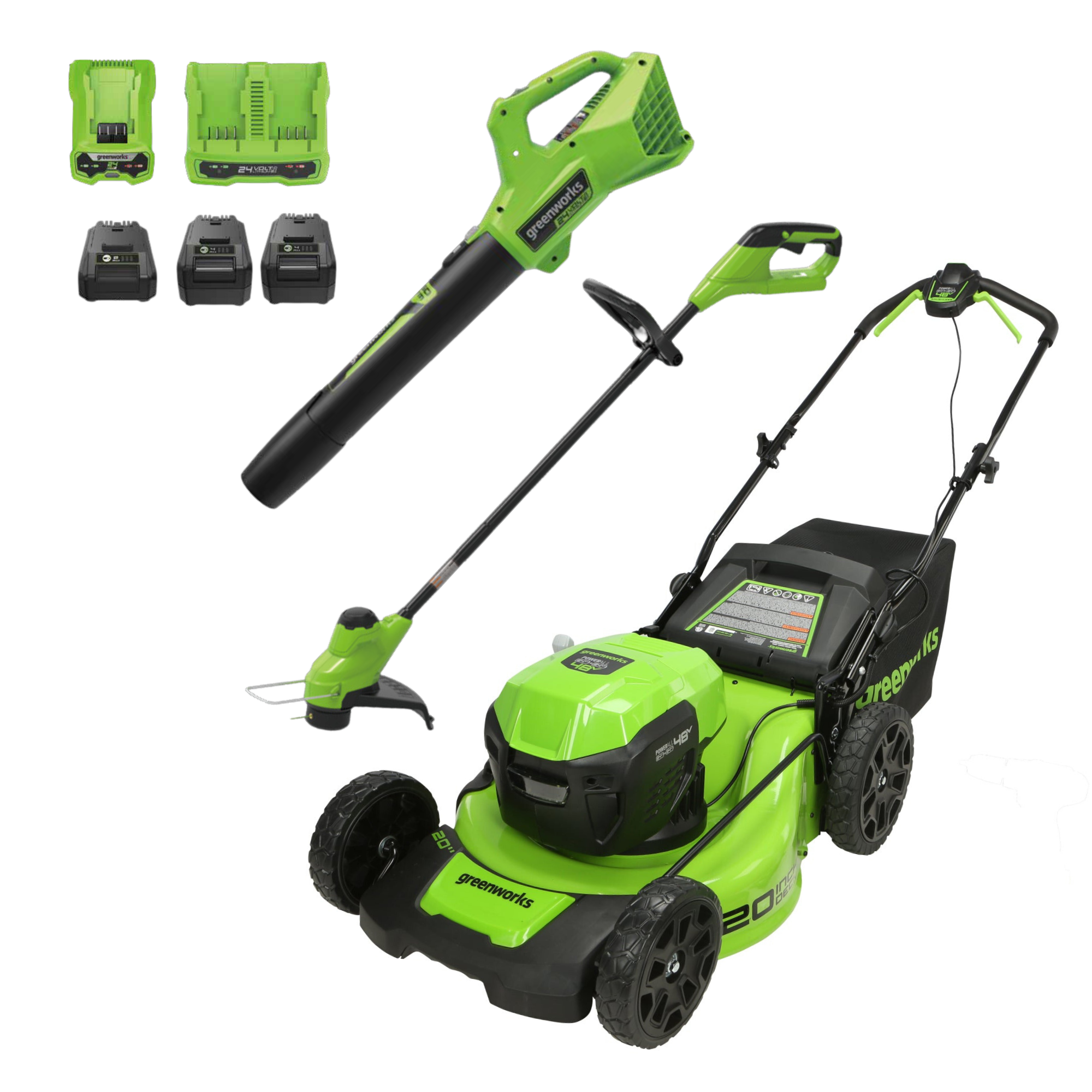 Greenworks 48V (2x24V) 20" Cordless Battery Push Mower 3PC Combo Kit w/ (2) 4.0Ah USB Batteries,(1) 2.0Ah Battery,(1) Dual Port Rapid Charger & (1) Charger - 1366302