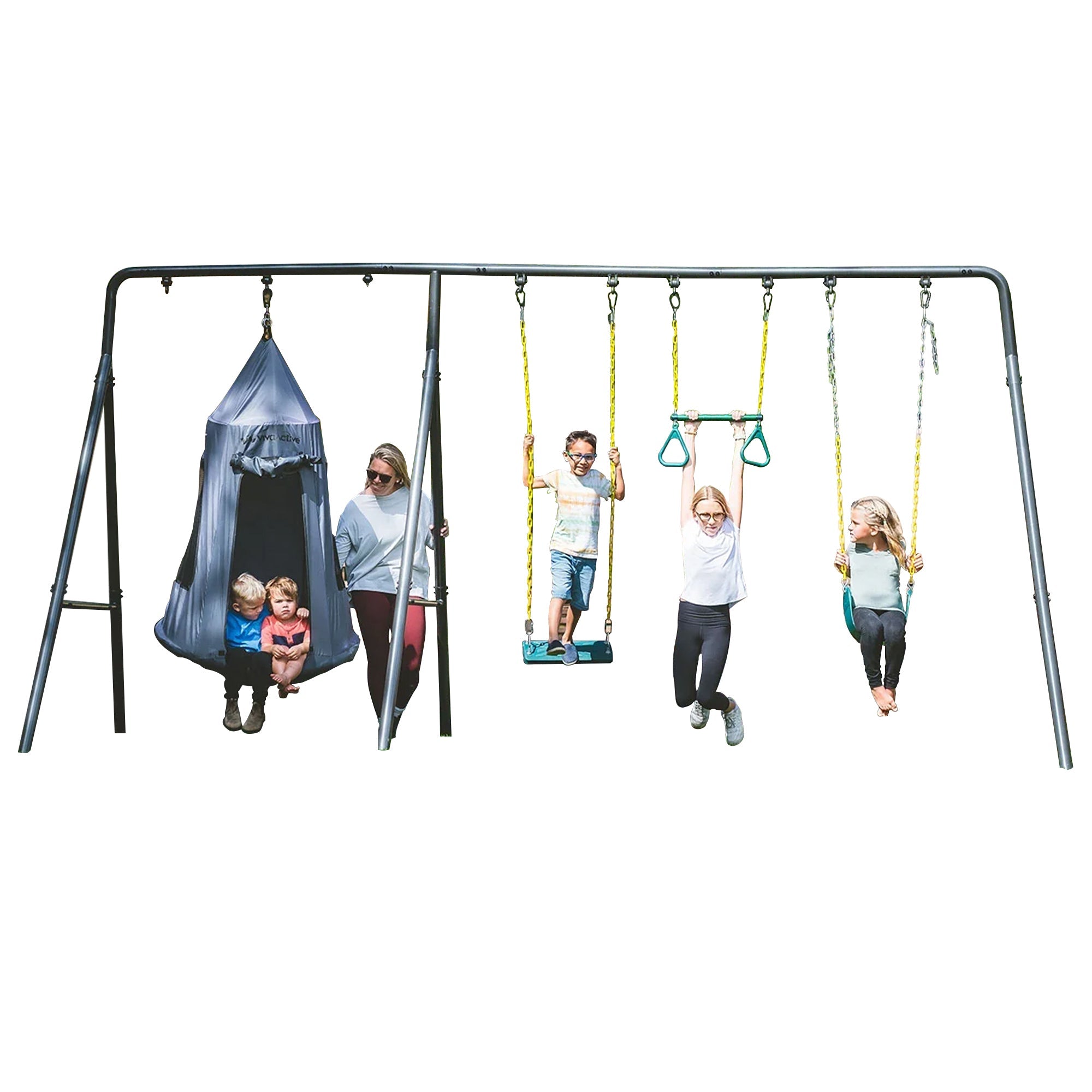 Gobaplay Discovery Kids Swing Set, Outdoor Frame, Tent Saucer, Swings, & Trapeze - 399865