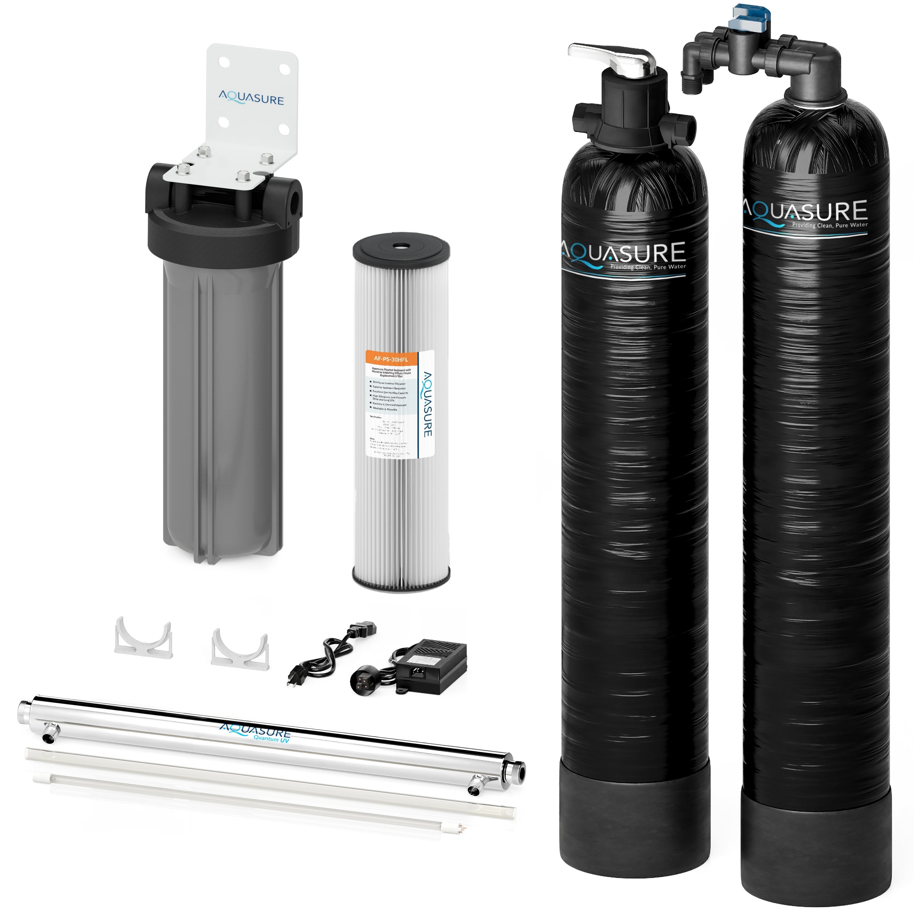 Aquasure Serene Series | 10 GPM Salt-Free Conditioning, Whole House Water Treatment System, Pleated Sediment Pre-Filter and UV Purifier - AS-SF10CKU