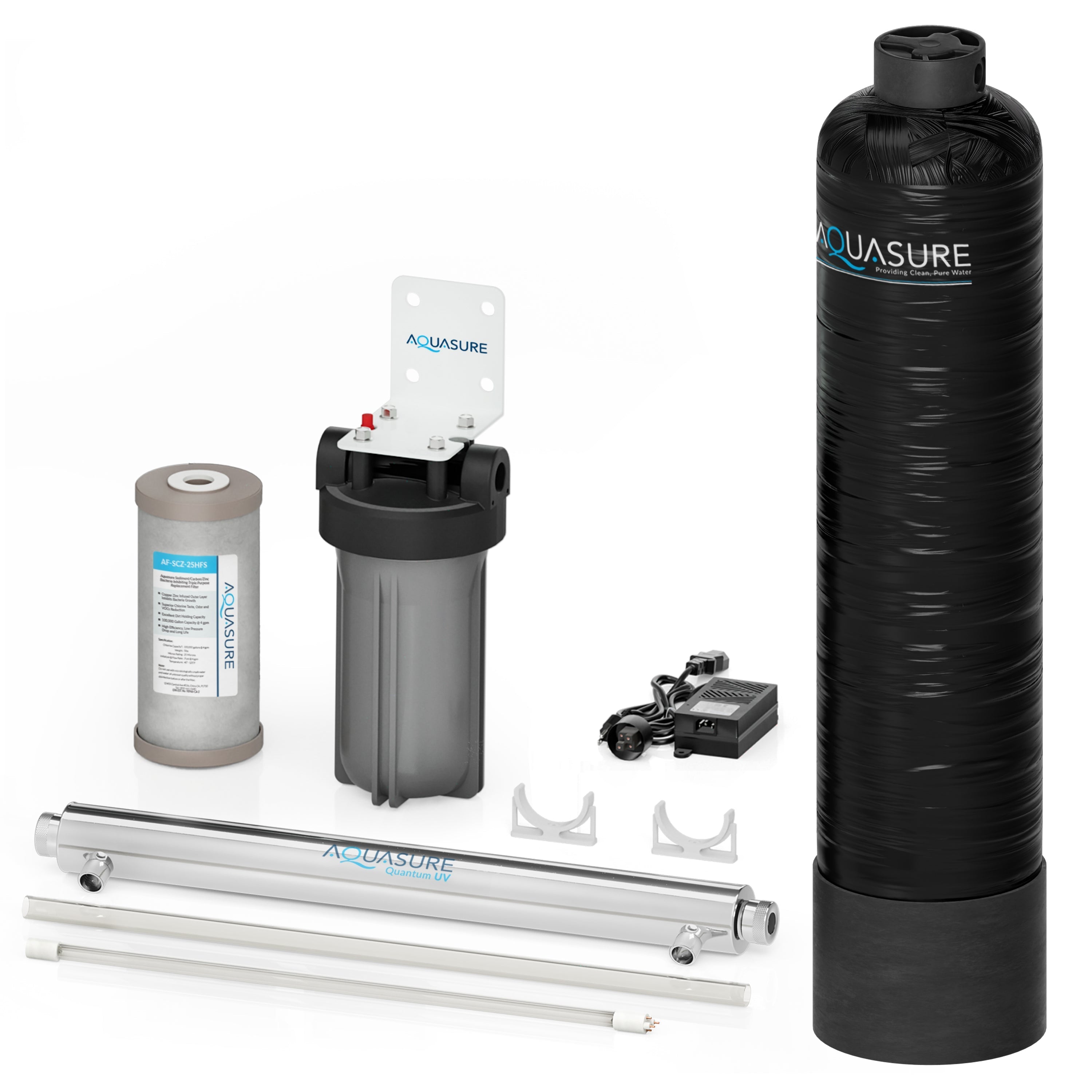 Aquasure Serene Lite Series | 650K Gallons Whole House Salt-Free Water Conditioning/Softening Descaler Bundle with Triple Purpose Filter System and 8 GPM UV De-Activator - AS-SF650U