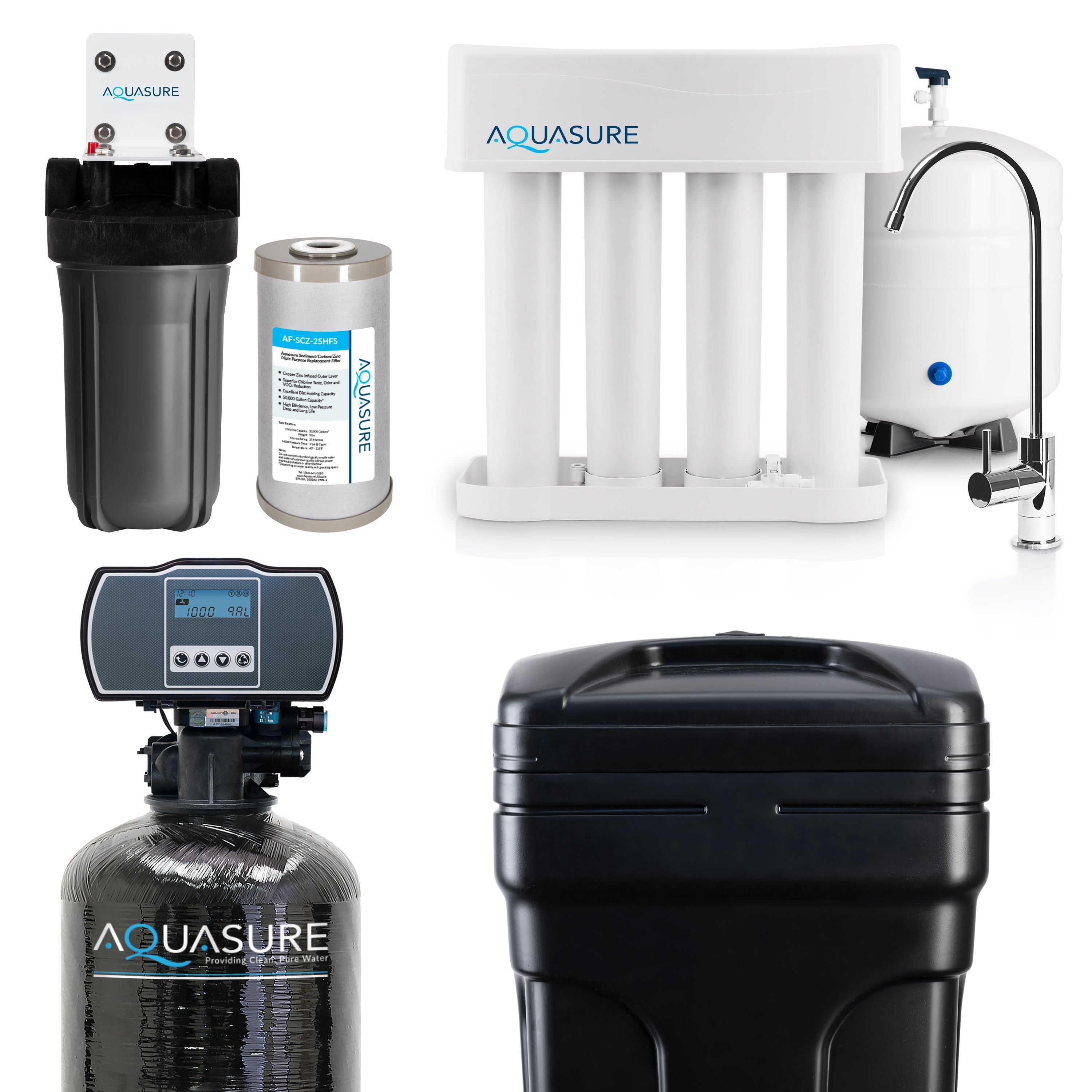 Aquasure Signature Pro | Whole House Water Filter Bundle with 48,000 Grains Softener, 75 GPD Reverse Osmosis System & Triple Purpose Pre-Filter - AS-WHF48D