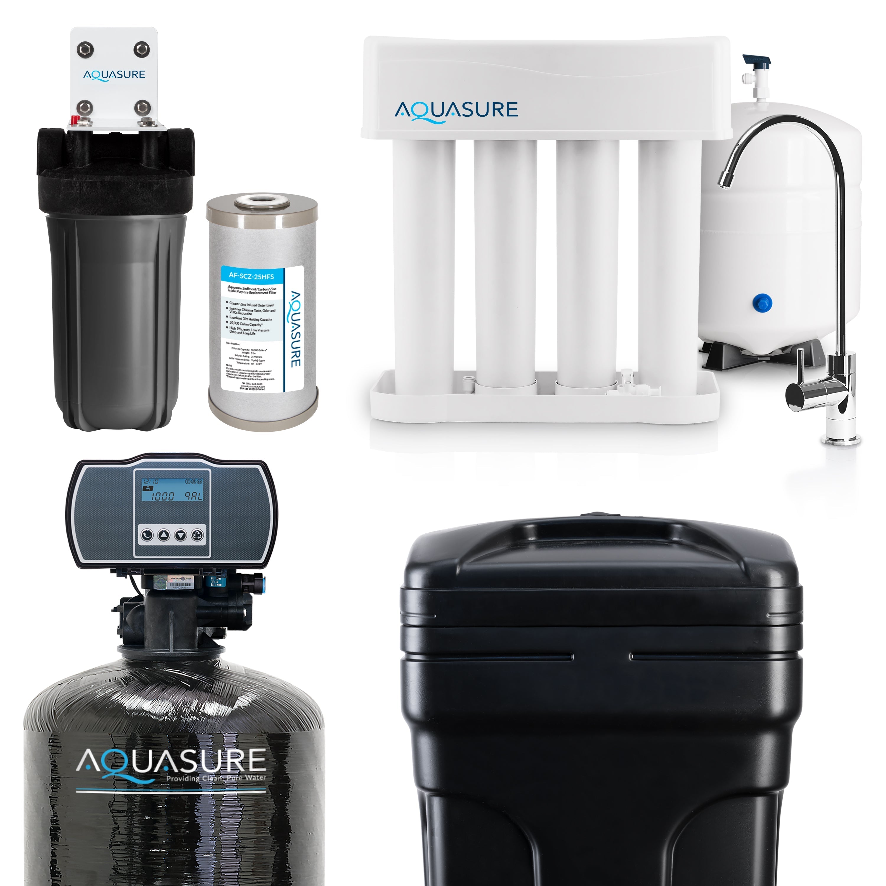 Aquasure Signature Pro | Whole House Water Filter Bundle with 72,000 Grains Softener, 75 GPD Reverse Osmosis System & Triple Purpose Pre-Filter - AS-WHF72D