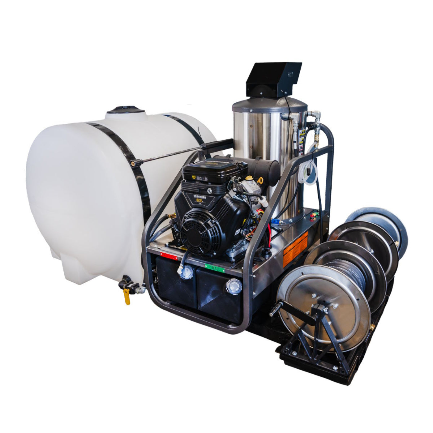 CleanFreak8.0 GPM Hot Water Pressure Washing Skid w/ Tank, Reels & Spray Gun (Gas Engine) – 3,500 PSI -WET-APODCF4-0002