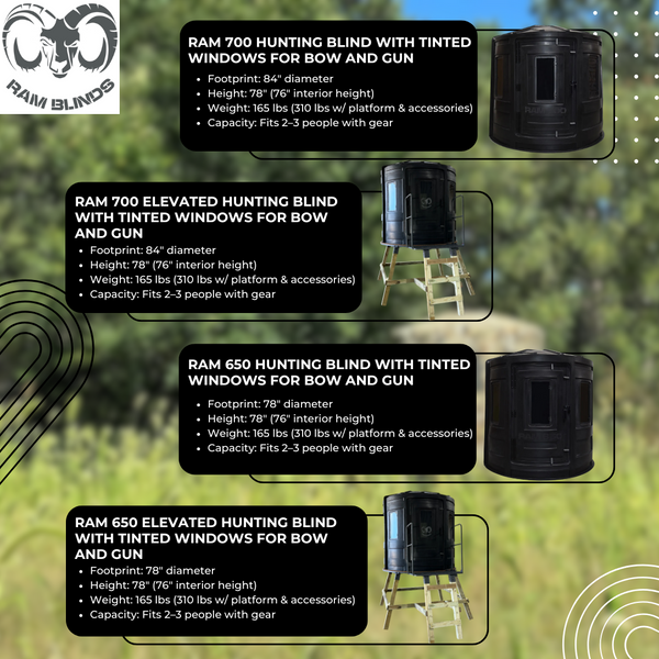 RAM 700 Elevated Hunting Blind with tinted windows, designed for bow and gun hunting, featuring a sturdy, weather-resistant build for maximum visibility and concealment.